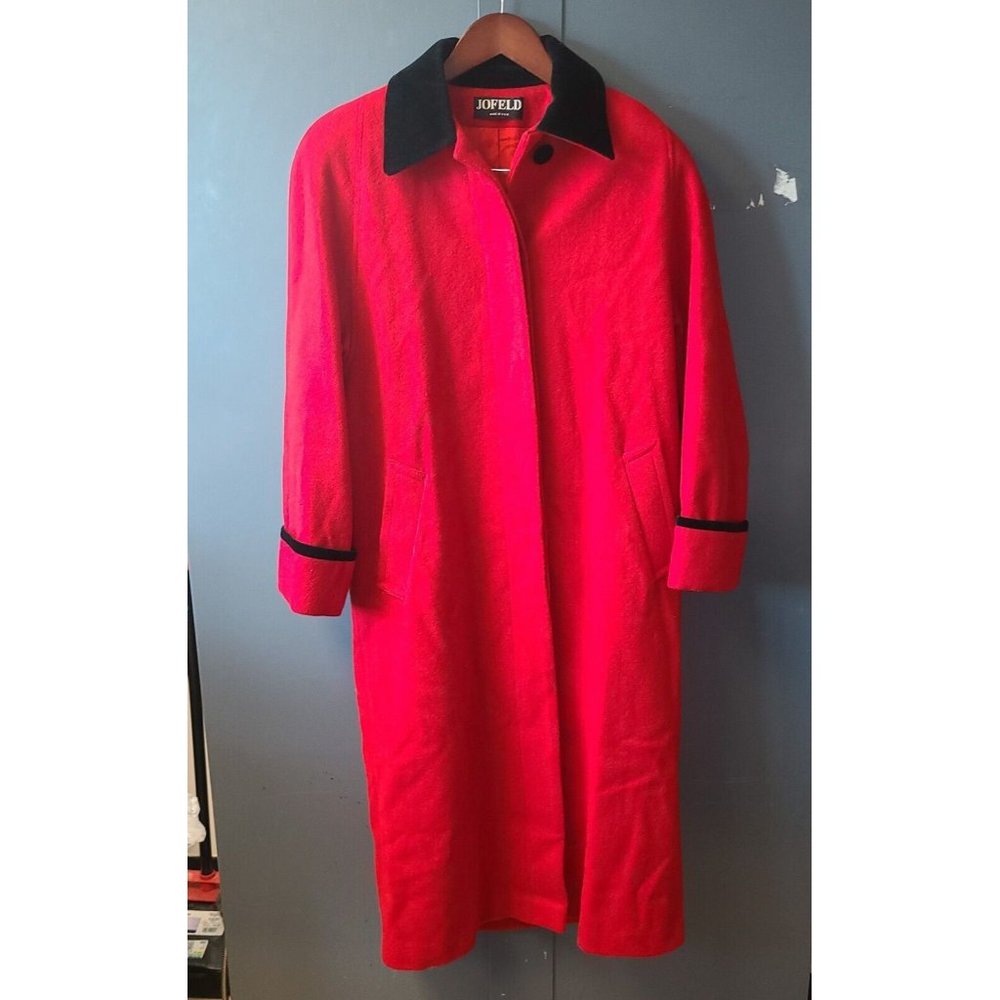 Jofeld Women's Long Red Wool Coat Med. Velvet Water, stain resistant Black Trim